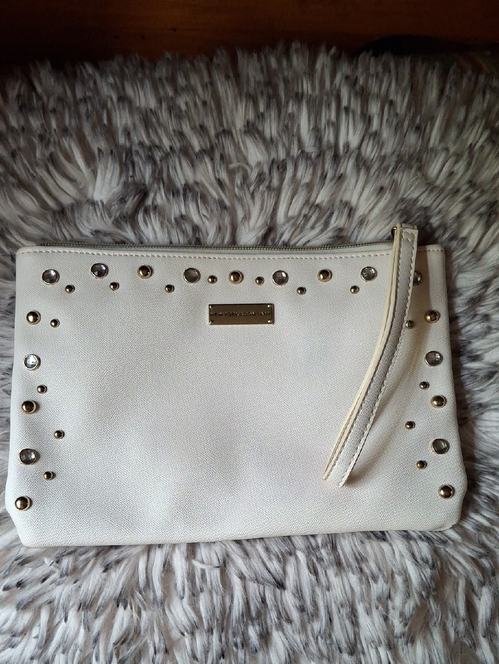 New York & Company Cream Studded Wristlet Clutch with Gold Accents